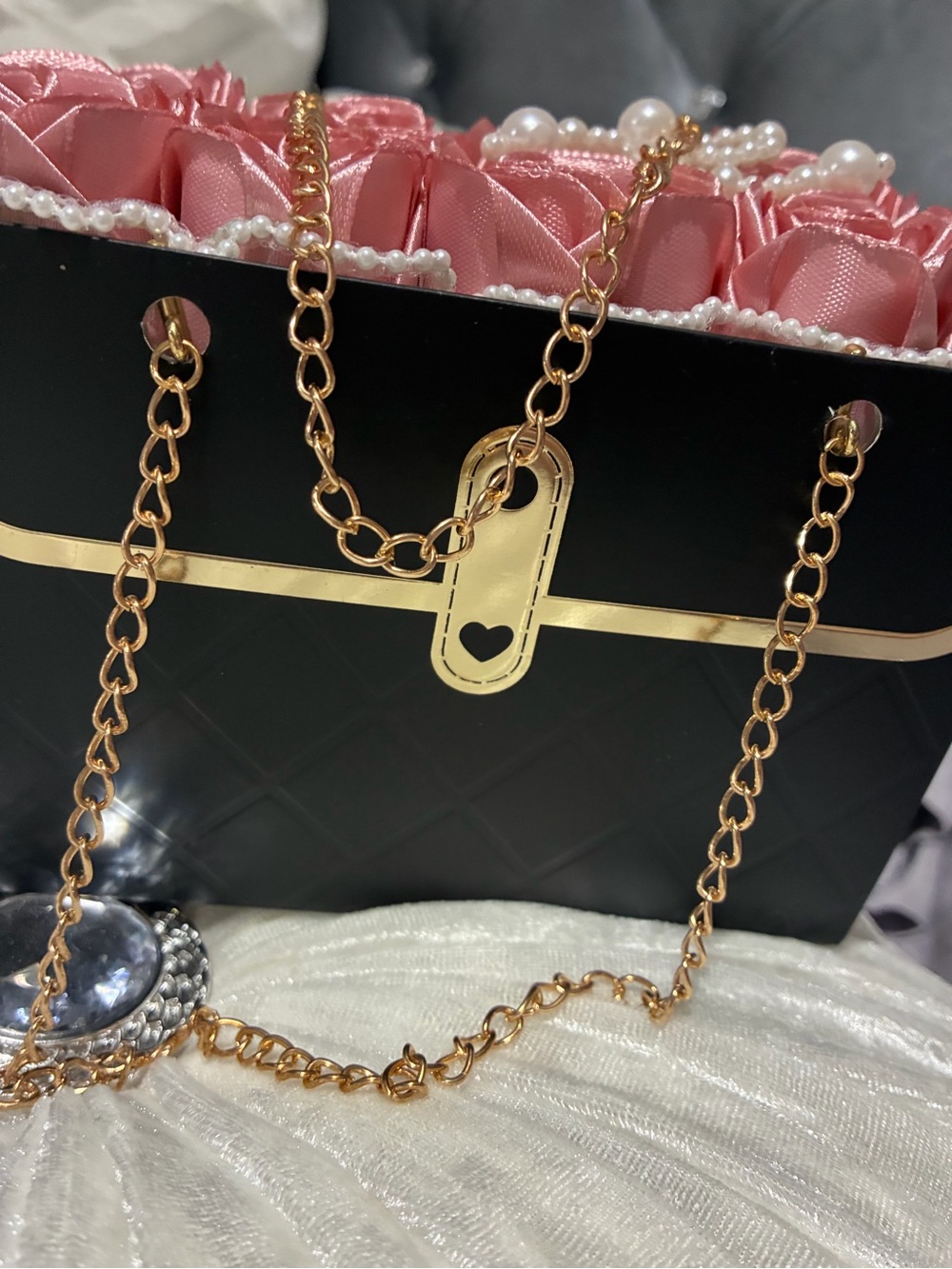 Elegant Black & Pink Chain-Handle Floral Tote